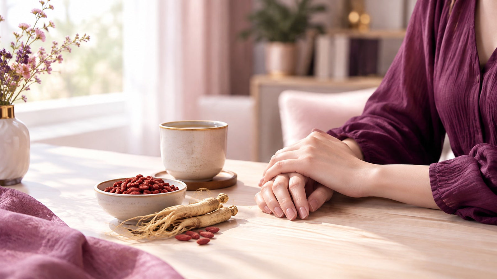 A calm morning table with a cup, goji berries and ginseng root
