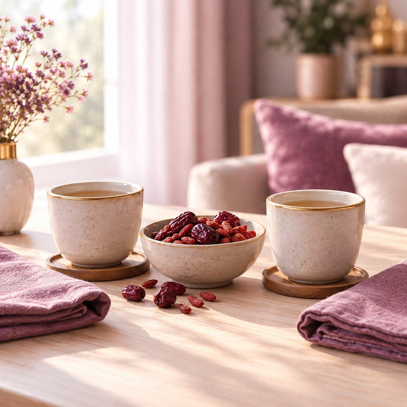 Two cups and a shared bowl of dried berries