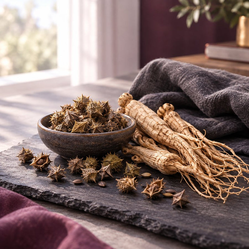 Ginseng root and dried herbs on a wooden table