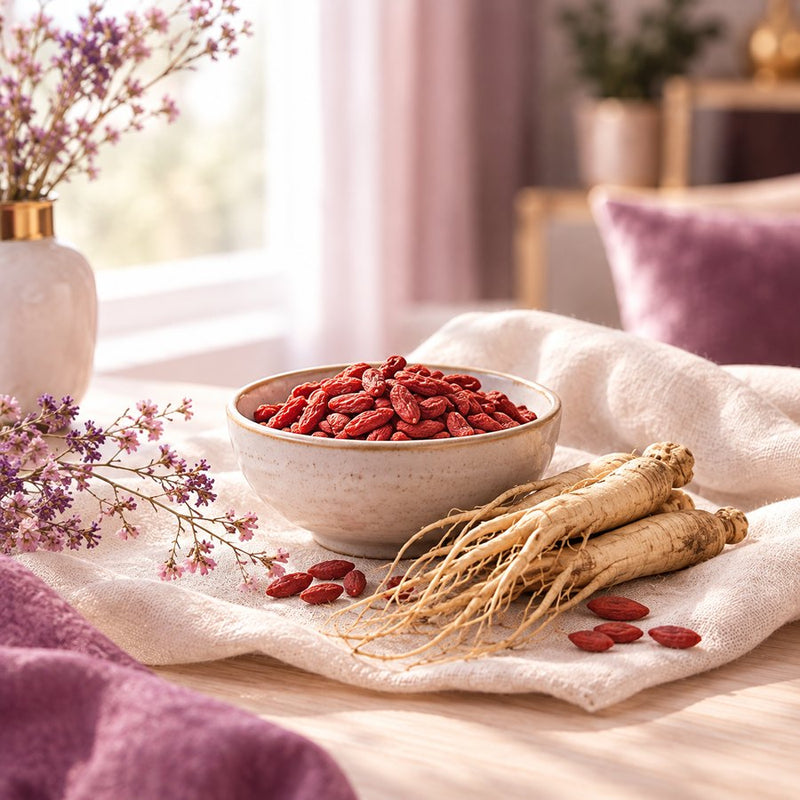 Goji berries and ginseng root on cream linen